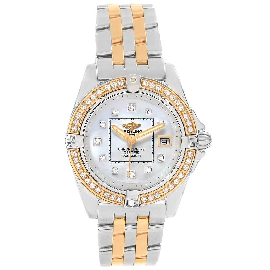 The image shows a front view of the Breitling D71356 Women's Stainless Steel Mother of Pearl Dial D71356 Women's Stainless Steel Mother of Pearl Dial Cockpit Ladies Steel 18K Yellow Gold Diamond Watch D71356 model.