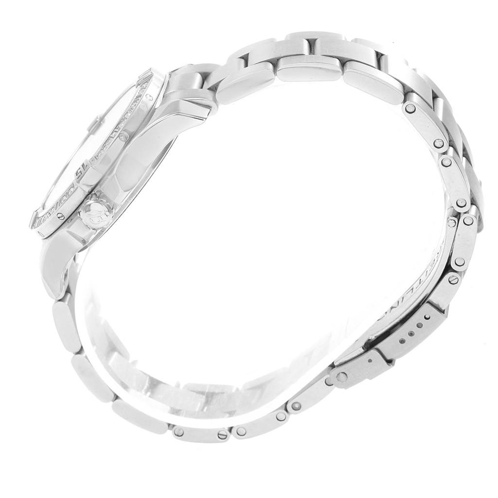 The image shows a side view of the Breitling A77388 Women's Stainless Steel Blue Dial A77388 Women's Stainless Steel Blue Dial Colt Blue Dial Diamond Bezel Steel Ladies Watch A77388, focusing on the bracelet and case.