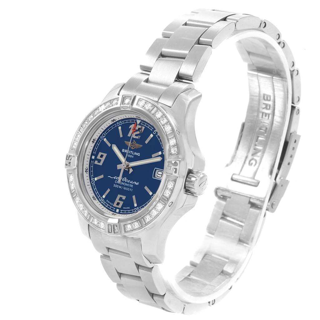 The Breitling A77388 Women's Stainless Steel Blue Dial A77388 Women's Stainless Steel Blue Dial Colt Blue Dial Diamond Bezel Steel Ladies Watch A77388 is shown at a slight angle, showcasing the dial, bezel, bracelet, and clasp.