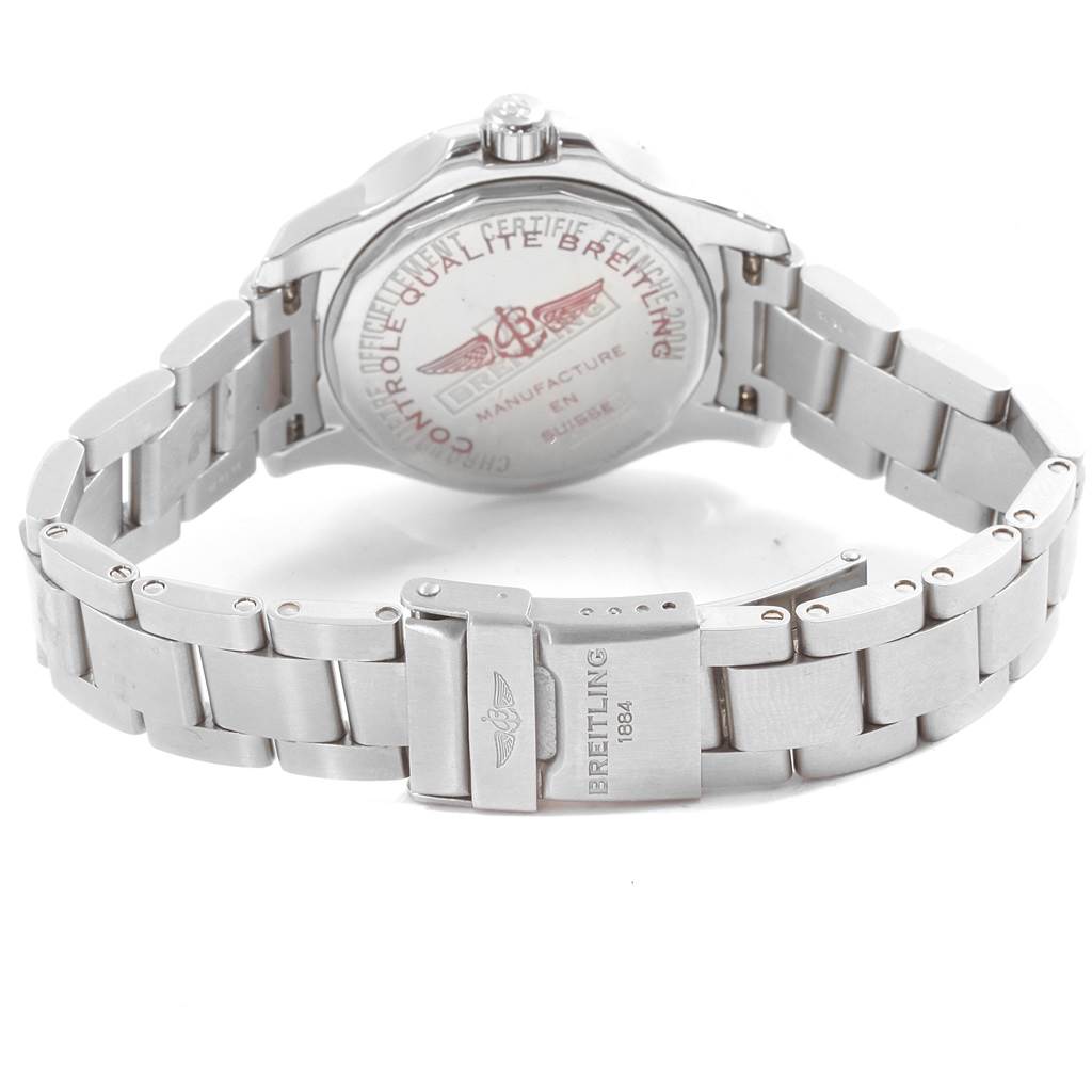 The image shows the back view of the Breitling A77388 Women's Stainless Steel Blue Dial A77388 Women's Stainless Steel Blue Dial Colt Blue Dial Diamond Bezel Steel Ladies Watch A77388, highlighting the case back and bracelet.