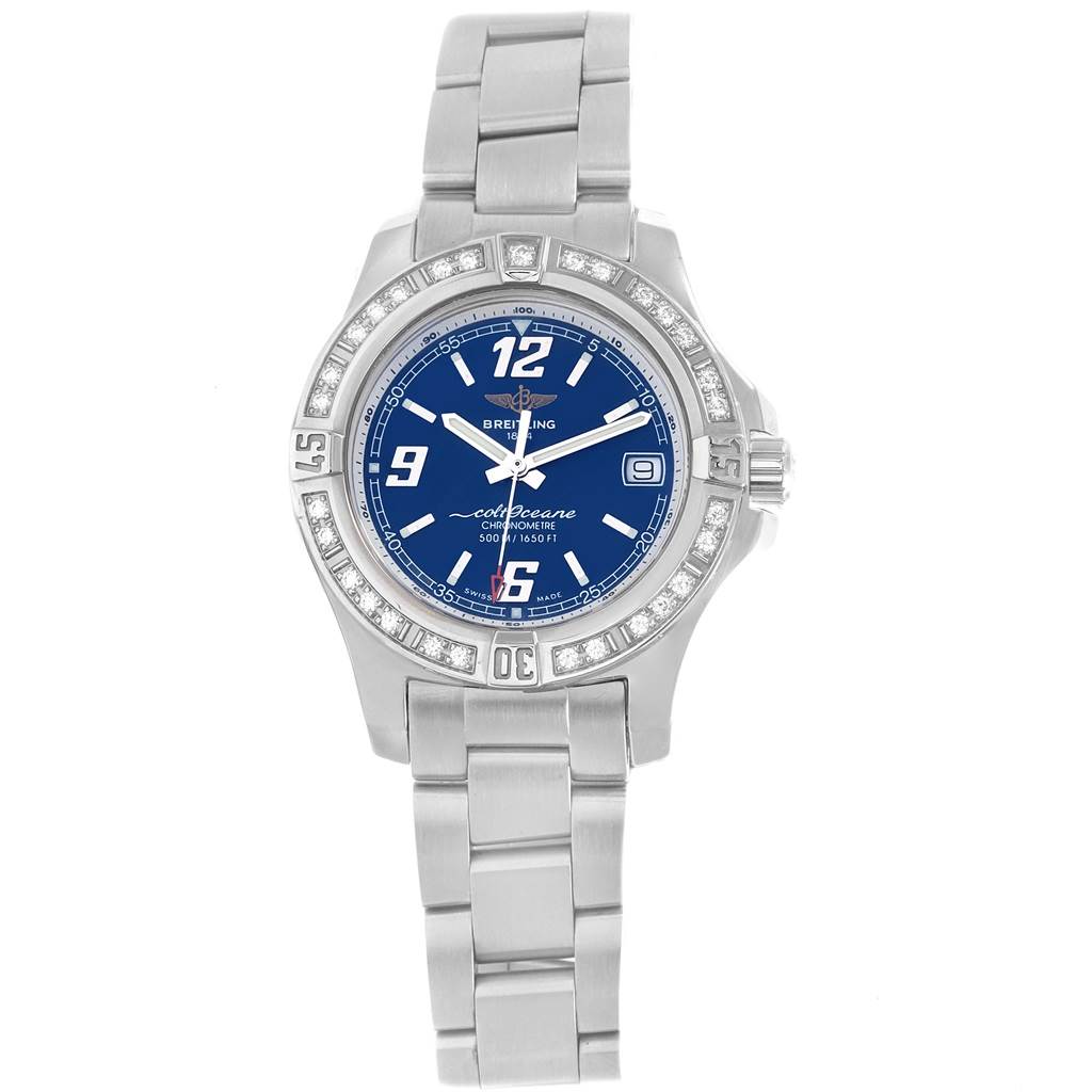 The image shows a front view of the Breitling A77388 Women's Stainless Steel Blue Dial A77388 Women's Stainless Steel Blue Dial Colt Blue Dial Diamond Bezel Steel Ladies Watch A77388.