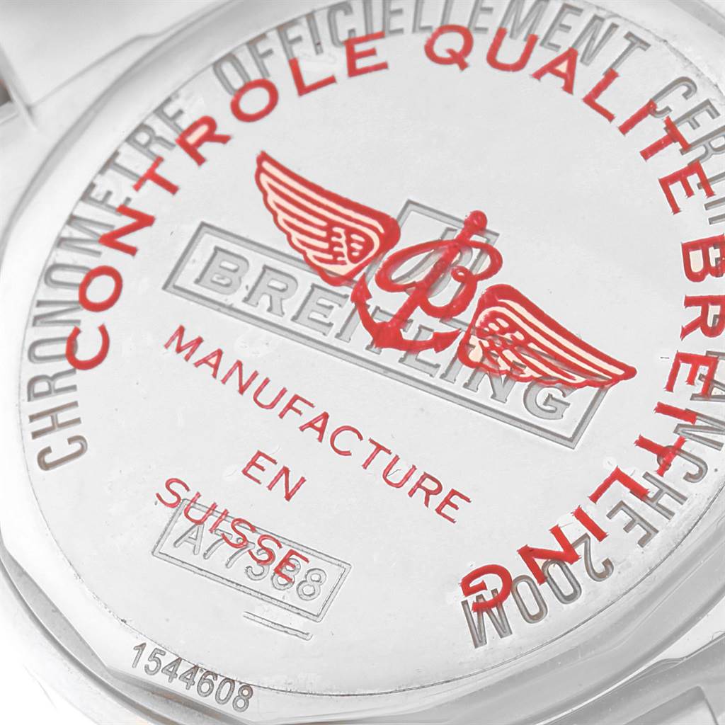 This is a close-up of the Breitling A77388 Women's Stainless Steel Blue Dial A77388 Women's Stainless Steel Blue Dial Colt Blue Dial Diamond Bezel Steel Ladies Watch A77388, showing its case back with inscriptions.