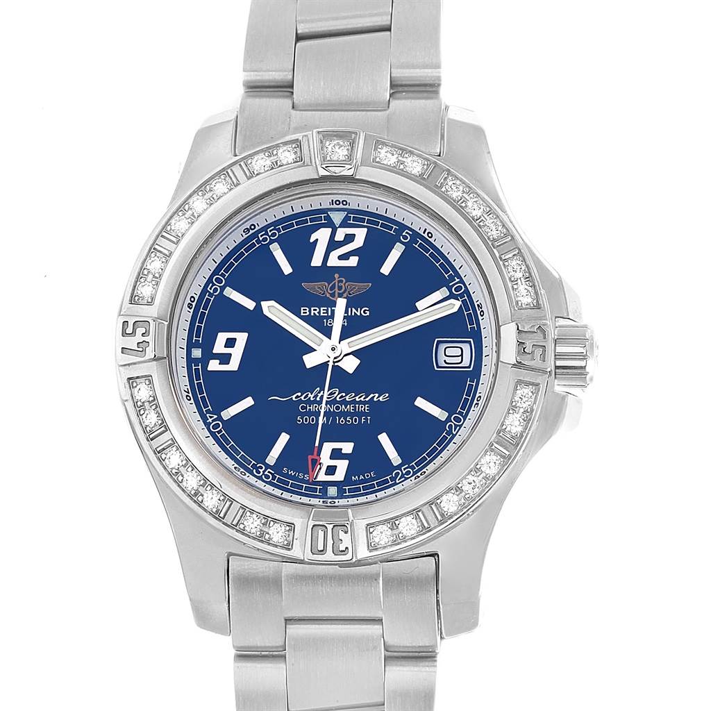 Breitling Colt Blue Dial Diamond Bezel Steel Ladies Watch  