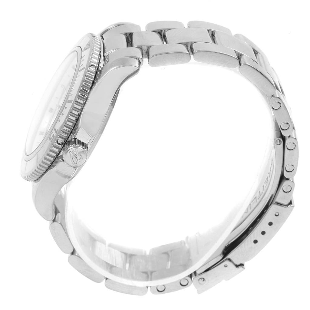 The image shows a side view of the Breitling A17312D2/A775/179A Women's Stainless Steel White Dial A17312D2/A775/179A Women's Stainless Steel White Dial Superocean II 36 Hurricane White Steel Ladies Watch A17312, highlighting the bezel, bracelet, and clasp.