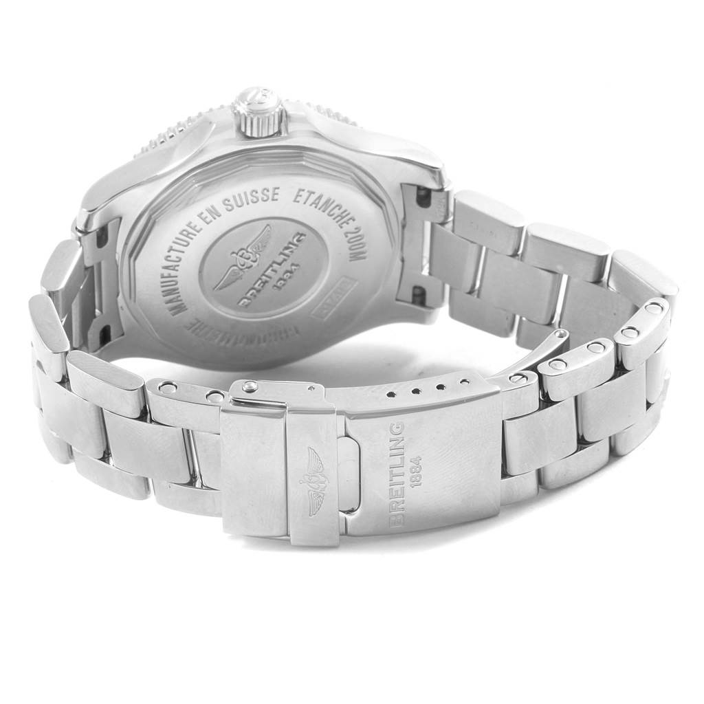 The image shows the back case and metal bracelet of the Breitling A17312D2/A775/179A Women's Stainless Steel White Dial A17312D2/A775/179A Women's Stainless Steel White Dial Superocean II 36 Hurricane White Steel Ladies Watch A17312.