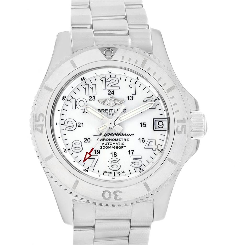 The image shows a front view of the Breitling A17312D2/A775/179A Women's Stainless Steel White Dial A17312D2/A775/179A Women's Stainless Steel White Dial Superocean II 36 Hurricane White Steel Ladies Watch A17312.