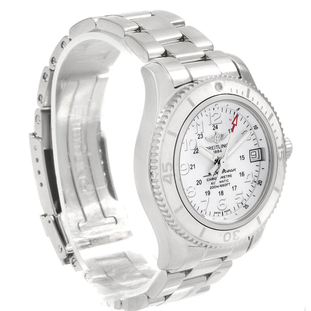 The Breitling A17312D2/A775/179A Women's Stainless Steel White Dial A17312D2/A775/179A Women's Stainless Steel White Dial Superocean II 36 Hurricane White Steel Ladies Watch A17312 is shown at a three-quarter angle highlighting the case, bezel, dial, and a portion of the bracelet.