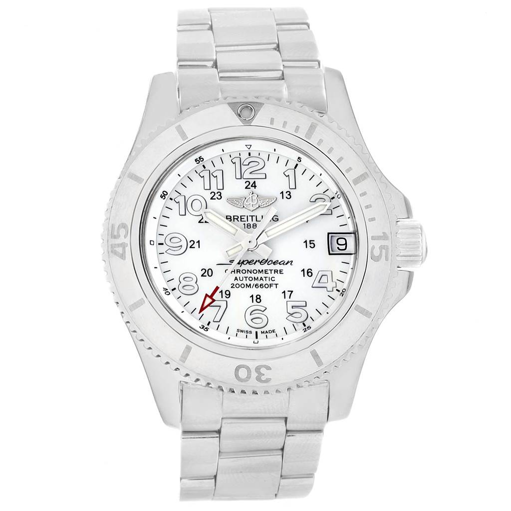 The Breitling A17312D2/A775/179A Women's Stainless Steel White Dial A17312D2/A775/179A Women's Stainless Steel White Dial Superocean II 36 Ladies Watch A17312 is shown from a top-down view, displaying its dial, bezel, and bracelet.