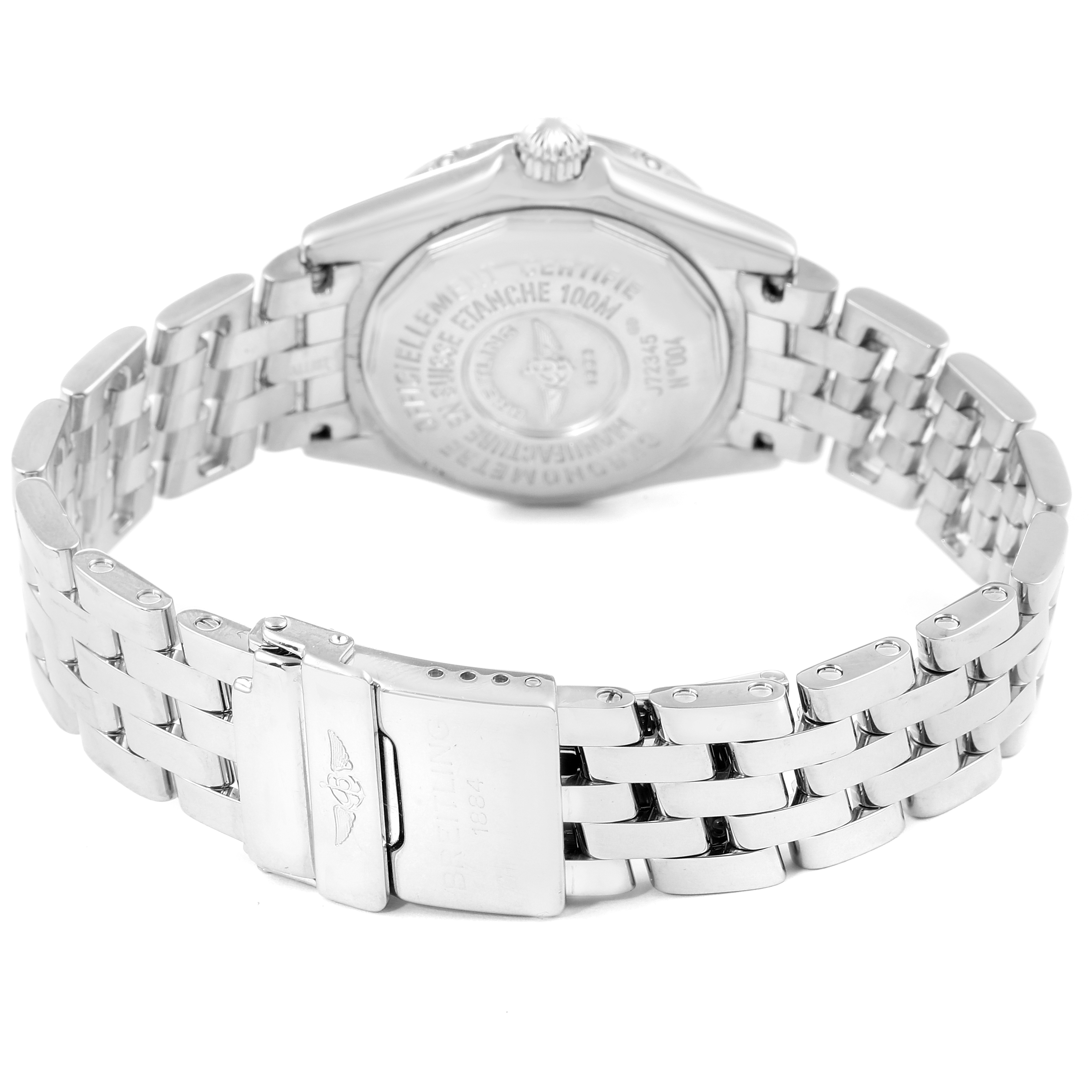 The image shows the back view of the Breitling J72345 Women's White Gold Mother of Pearl Dial J72345 Women's White Gold Mother of Pearl Dial Callistino 29mm White Gold MOP Diamond Ladies Watch J72345, highlighting the bracelet and clasp.