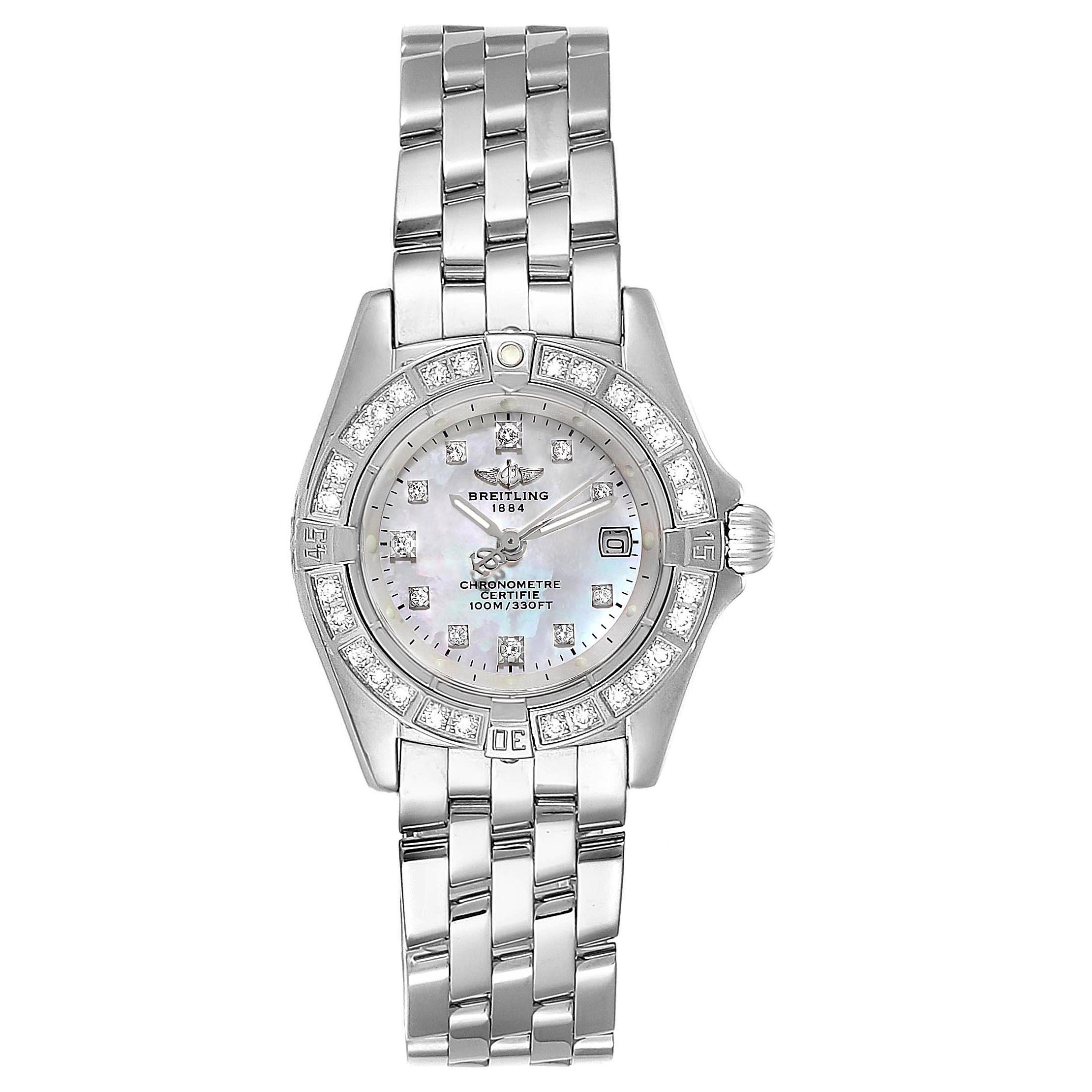The Breitling J72345 Women's White Gold Mother of Pearl Dial J72345 Women's White Gold Mother of Pearl Dial Callistino 29mm White Gold MOP Diamond Ladies Watch J72345 is shown from a front angle displaying the face and bracelet.