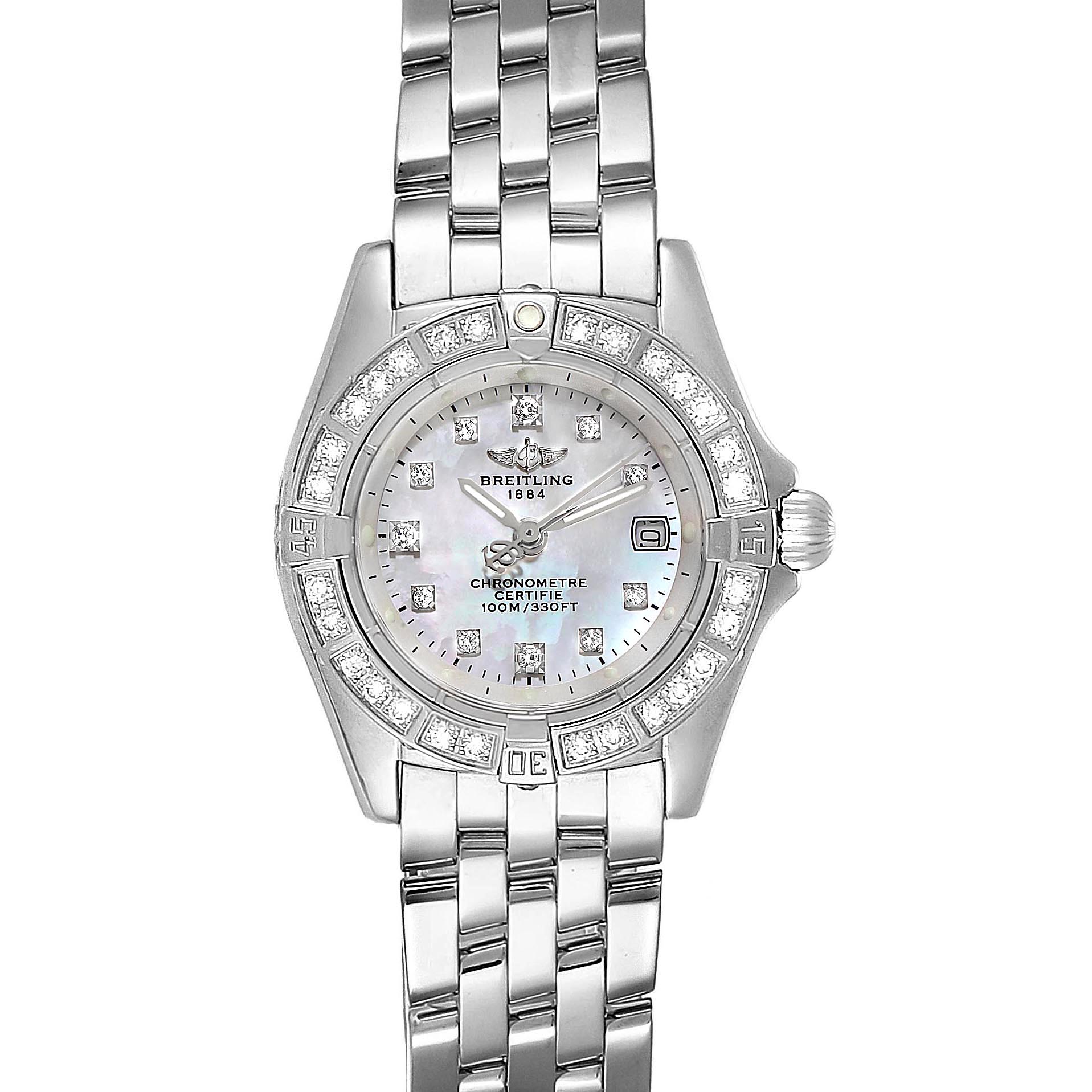 The image shows a front view of the Breitling J72345 Women's White Gold Mother of Pearl Dial J72345 Women's White Gold Mother of Pearl Dial Callistino 29mm White Gold MOP Diamond Ladies Watch J72345, displaying its face and band.