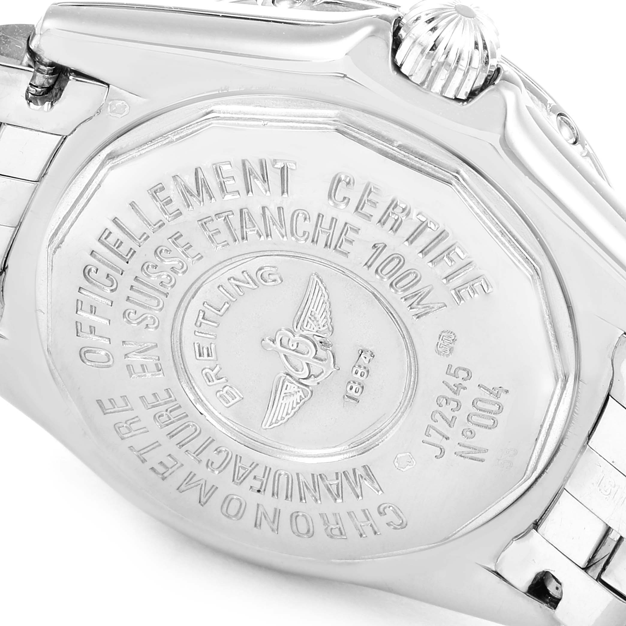 The image shows the back case and part of the bracelet of the Breitling J72345 Women's White Gold Mother of Pearl Dial J72345 Women's White Gold Mother of Pearl Dial Callistino 29mm White Gold MOP Diamond Ladies Watch, model J72345.