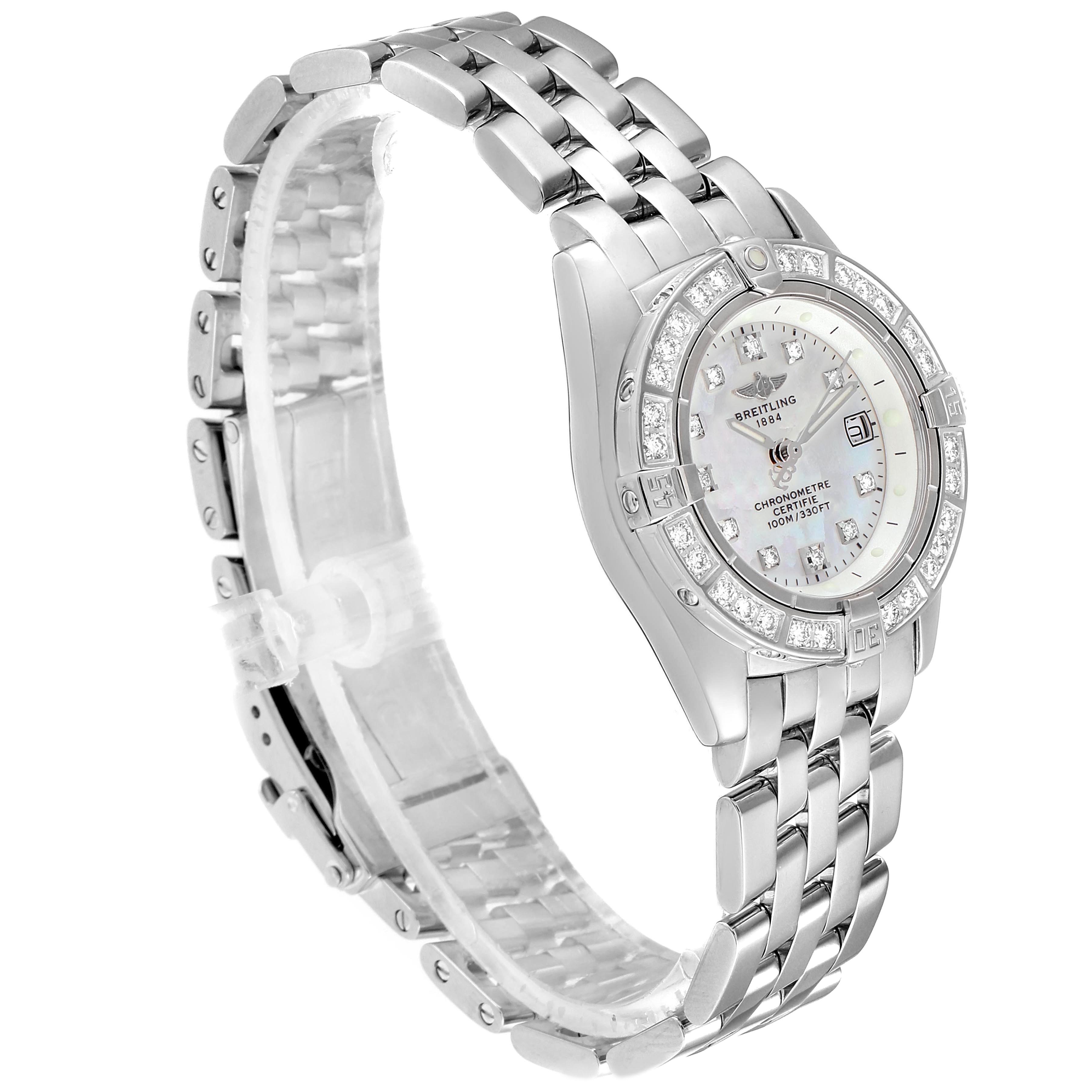 The Breitling J72345 Women's White Gold Mother of Pearl Dial J72345 Women's White Gold Mother of Pearl Dial Callistino 29mm White Gold MOP Diamond Ladies Watch J72345 is shown at a three-quarter angle highlighting its bracelet and dial.