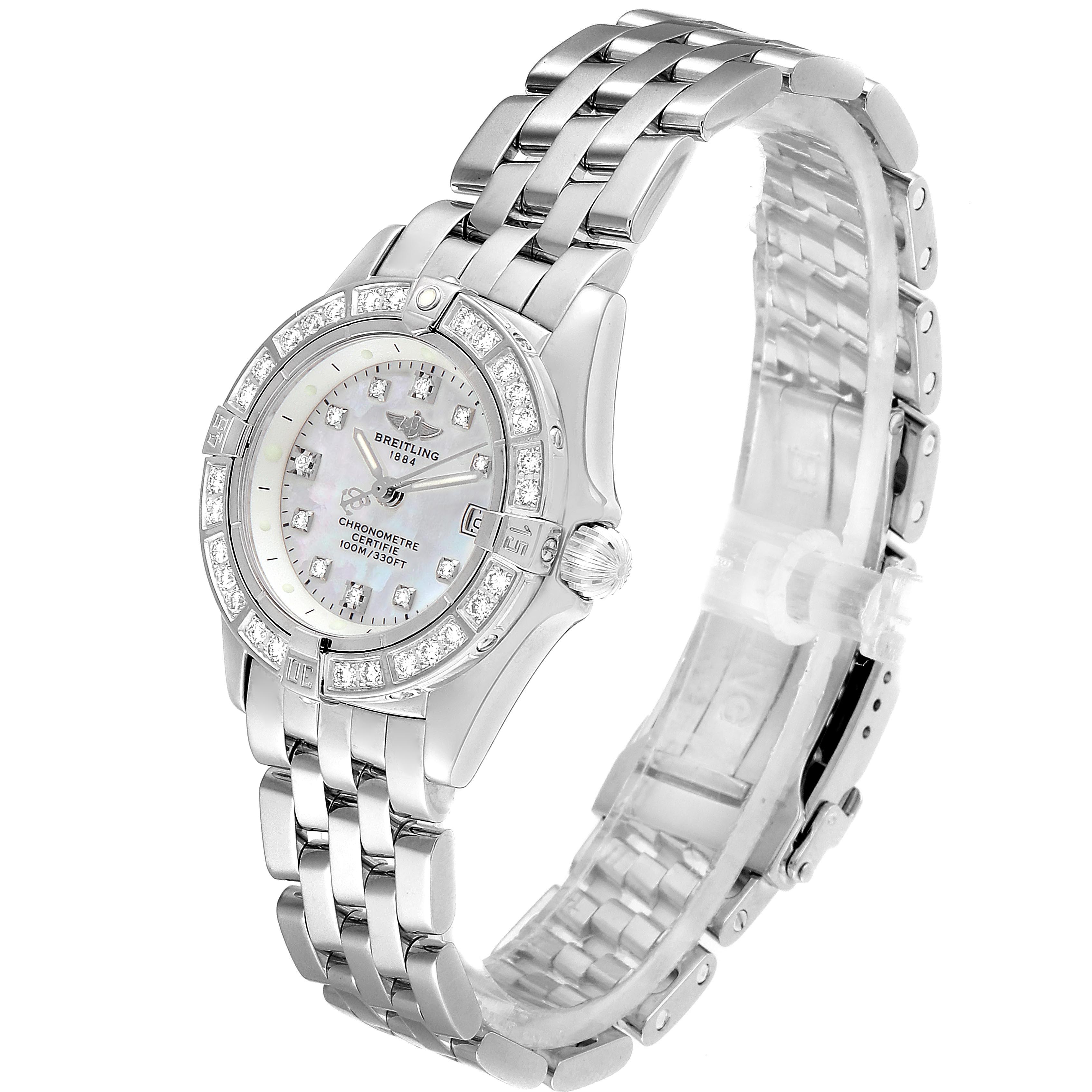 The Breitling J72345 Women's White Gold Mother of Pearl Dial J72345 Women's White Gold Mother of Pearl Dial Callistino 29mm White Gold MOP Diamond Ladies Watch J72345 is shown from a front angle, highlighting its face and bracelet.