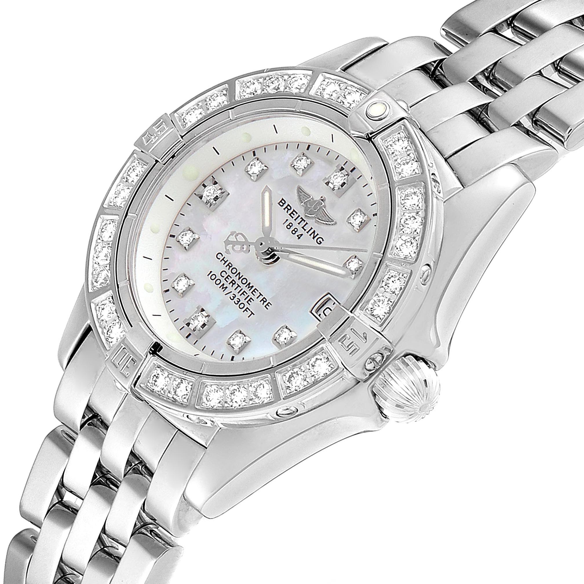 The Breitling J72345 Women's White Gold Mother of Pearl Dial J72345 Women's White Gold Mother of Pearl Dial Callistino 29mm White Gold MOP Diamond Ladies Watch J72345 is shown from a front angle, highlighting the dial and part of the bracelet.