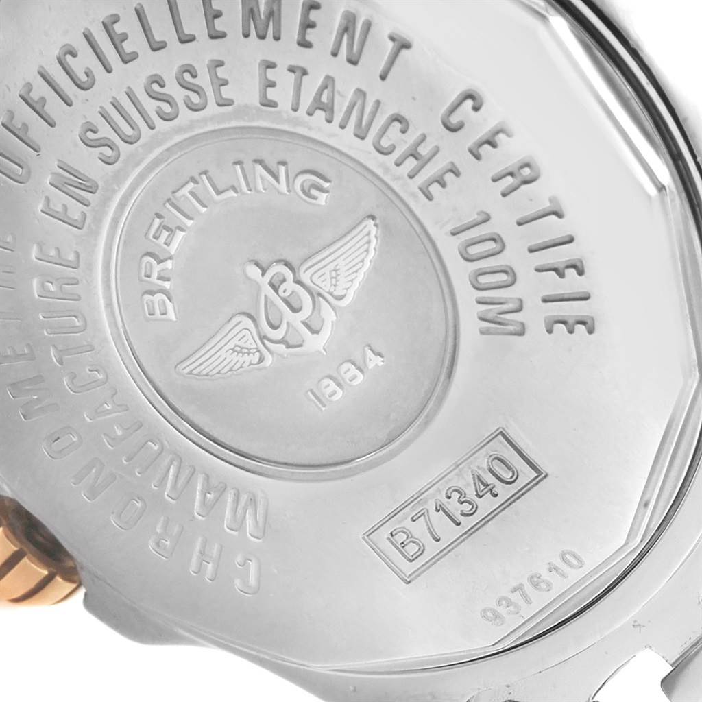 The image shows the case back of a Breitling B71340 Women's Steel and Gold (two tone) Mother of Pearl Dial B71340 Women's Steel and Gold (two tone) Mother of Pearl Dial Starliner Steel Yellow Gold MOP Diamond Ladies Watch B71340 model.