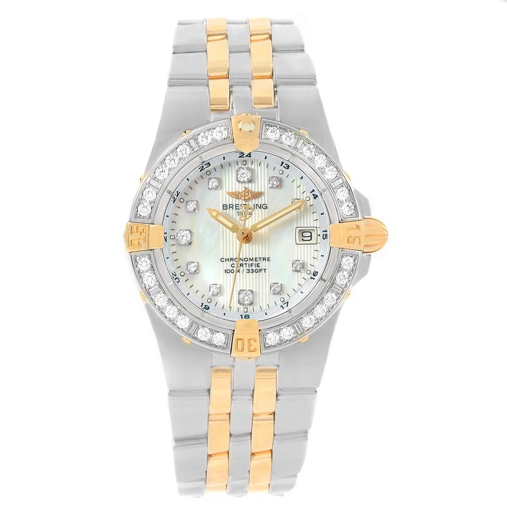 The image shows a front view of the watch face and band of the Breitling B71340 Women's Steel and Gold (two tone) Mother of Pearl Dial B71340 Women's Steel and Gold (two tone) Mother of Pearl Dial Starliner Steel Yellow Gold MOP Diamond Ladies Watch B71340 model.