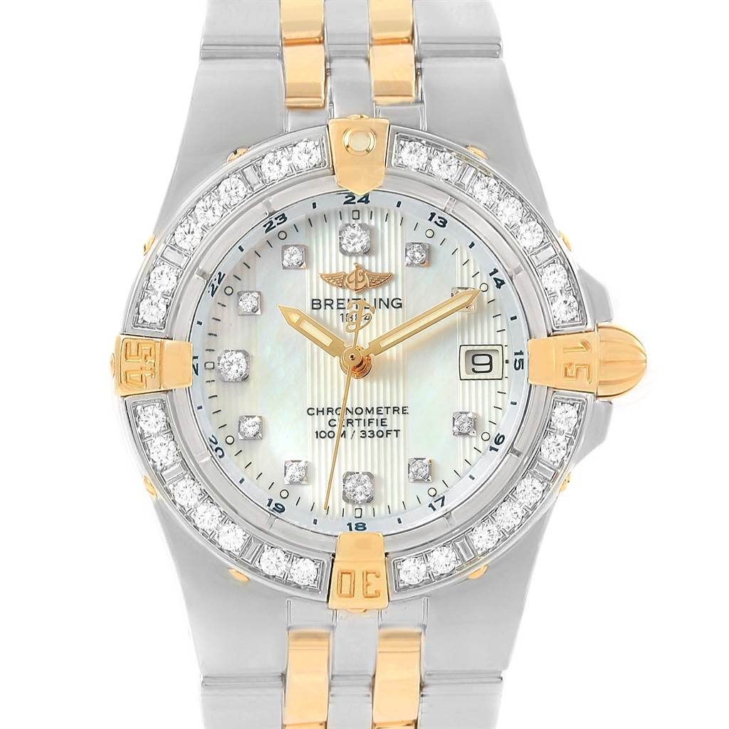 The image shows a front view of the Breitling B71340 Women's Steel and Gold (two tone) Mother of Pearl Dial B71340 Women's Steel and Gold (two tone) Mother of Pearl Dial Starliner Steel Yellow Gold MOP Diamond Ladies Watch B71340.