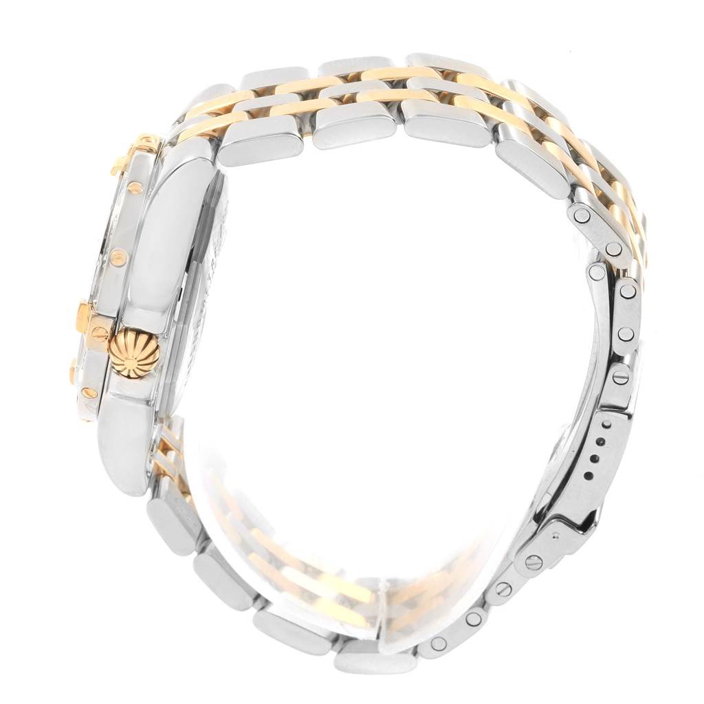 The image shows a side view of the Breitling B71340 Women's Steel and Gold (two tone) Mother of Pearl Dial B71340 Women's Steel and Gold (two tone) Mother of Pearl Dial Starliner Steel Yellow Gold MOP Diamond Ladies Watch B71340, highlighting the bracelet and crown.