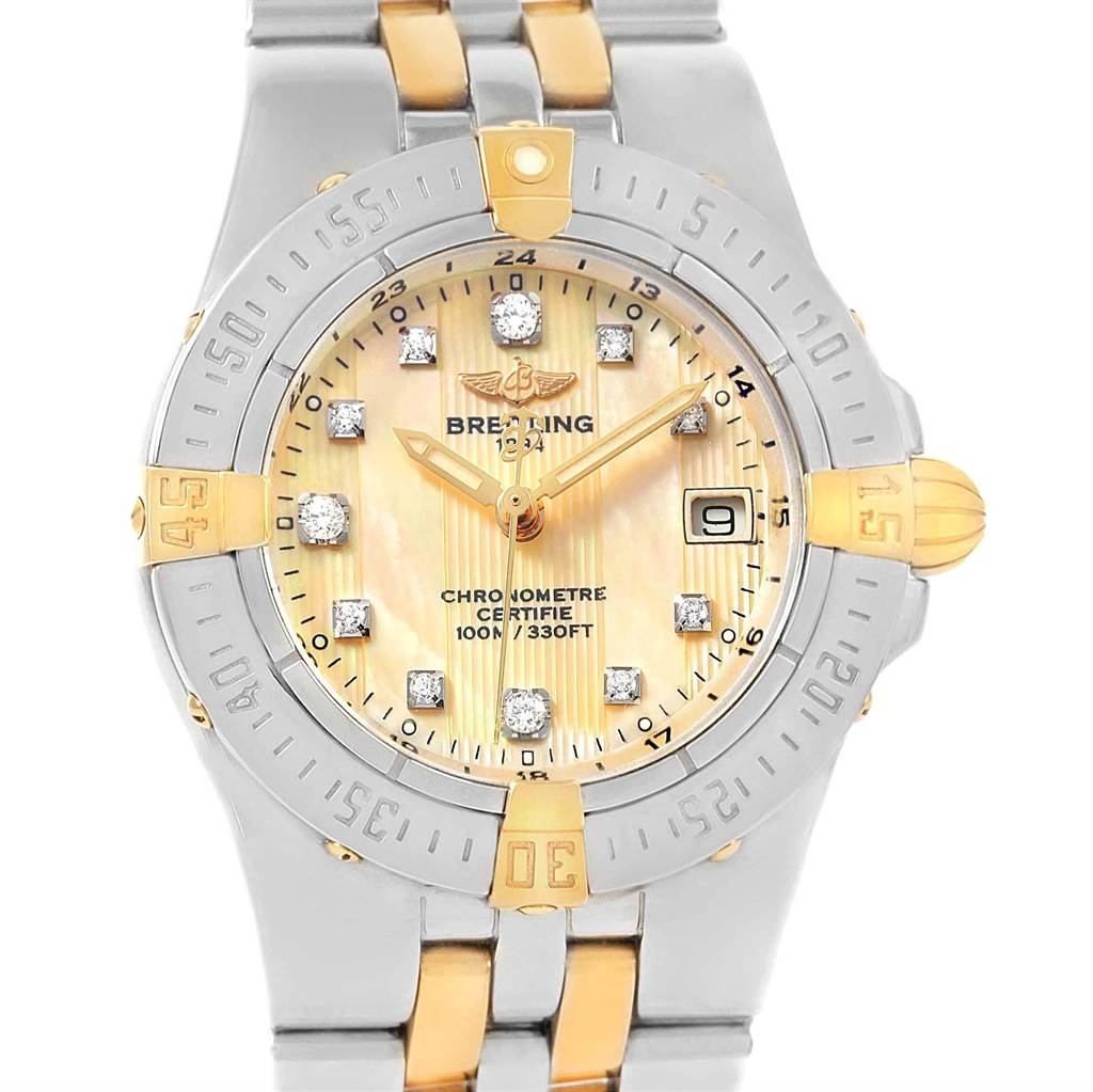 The image shows a front view of the Breitling B71340 Women's Steel and Gold (two tone) Mother of Pearl Dial B71340 Women's Steel and Gold (two tone) Mother of Pearl Dial B71340 Starliner Steel Gold Yellow MOP Diamond Ladies Watch.