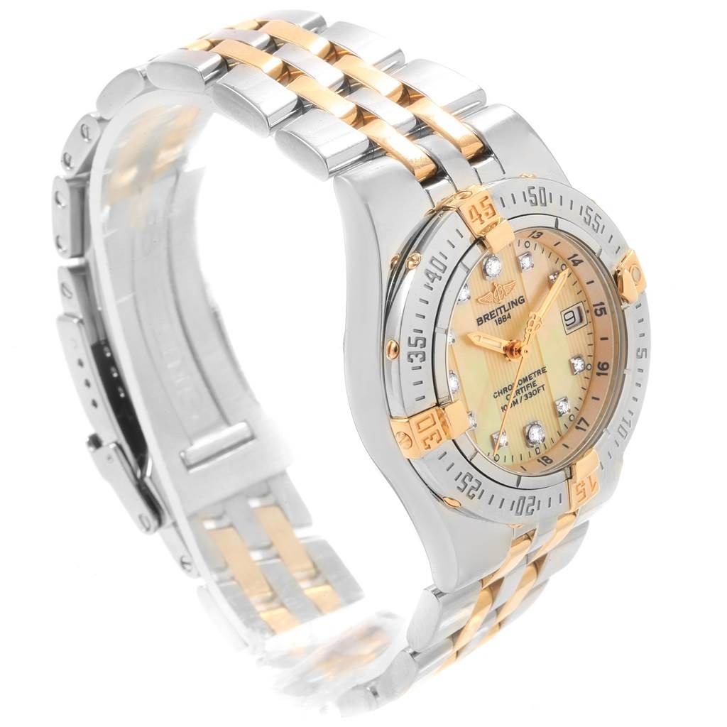 The image shows a three-quarter view of the Breitling B71340 Women's Steel and Gold (two tone) Mother of Pearl Dial B71340 Women's Steel and Gold (two tone) Mother of Pearl Dial Starliner Steel Gold Yellow MOP Diamond Ladies Watch B71340, highlighting its face and bracelet.