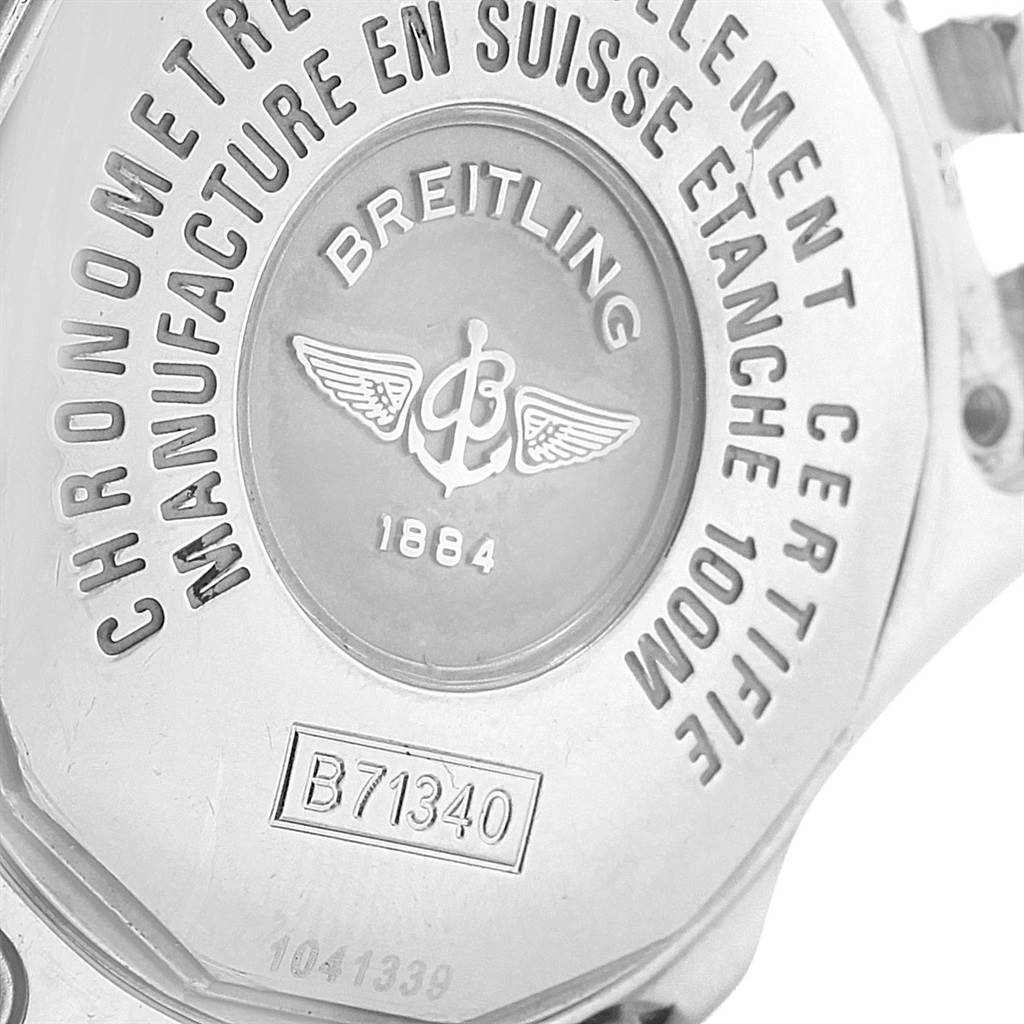 This image shows the back of the Breitling B71340 Women's Steel and Gold (two tone) Mother of Pearl Dial B71340 Women's Steel and Gold (two tone) Mother of Pearl Dial Starliner Steel Gold Yellow MOP Diamond Ladies Watch model B71340, highlighting the engravings and logo.