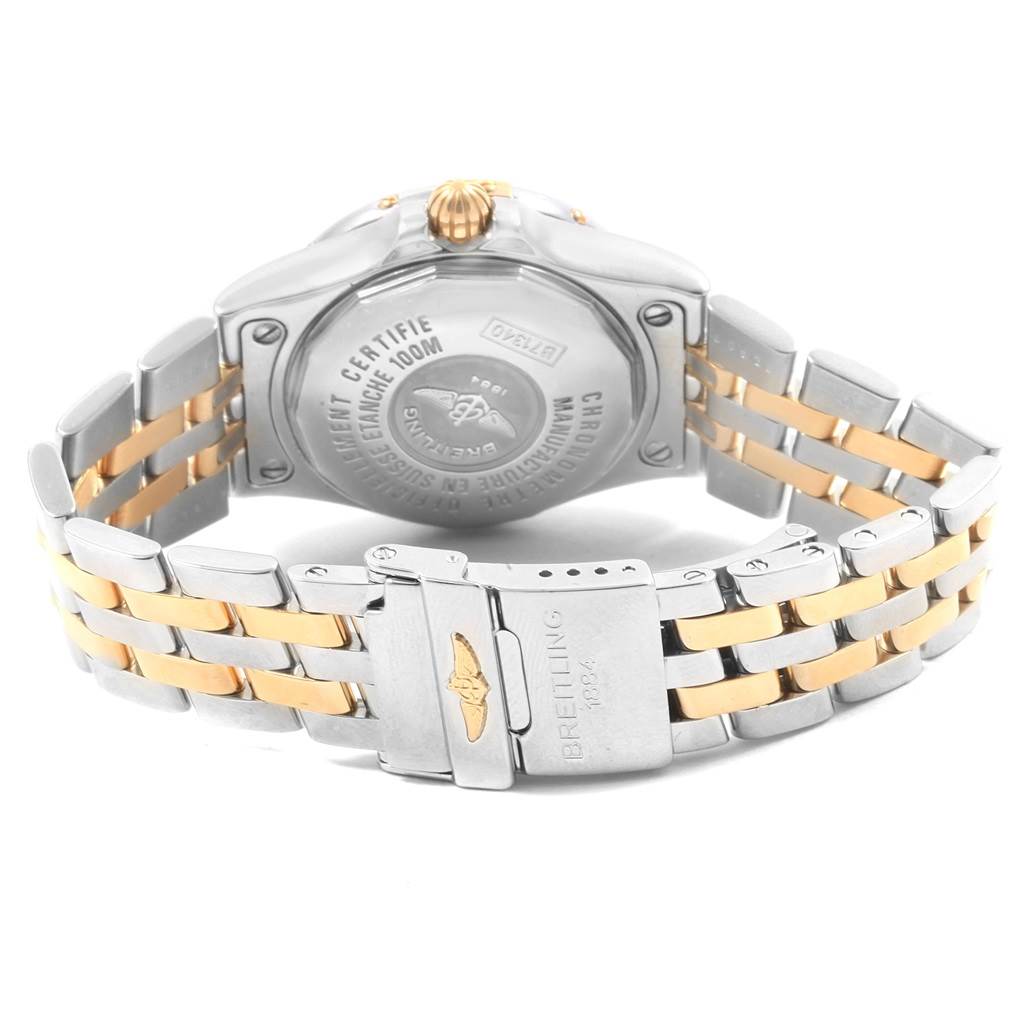 The image shows the back and bracelet of the Breitling B71340 Women's Steel and Gold (two tone) Mother of Pearl Dial B71340 Women's Steel and Gold (two tone) Mother of Pearl Dial Starliner Steel Gold Yellow MOP Diamond Ladies Watch B71340.