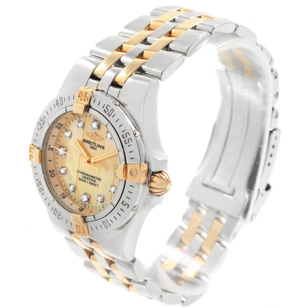 This image shows a side and angled view of the Breitling B71340 Women's Steel and Gold (two tone) Mother of Pearl Dial B71340 Women's Steel and Gold (two tone) Mother of Pearl Dial Starliner Steel Gold Yellow MOP Diamond Ladies Watch B71340, emphasizing the bracelet and dial.
