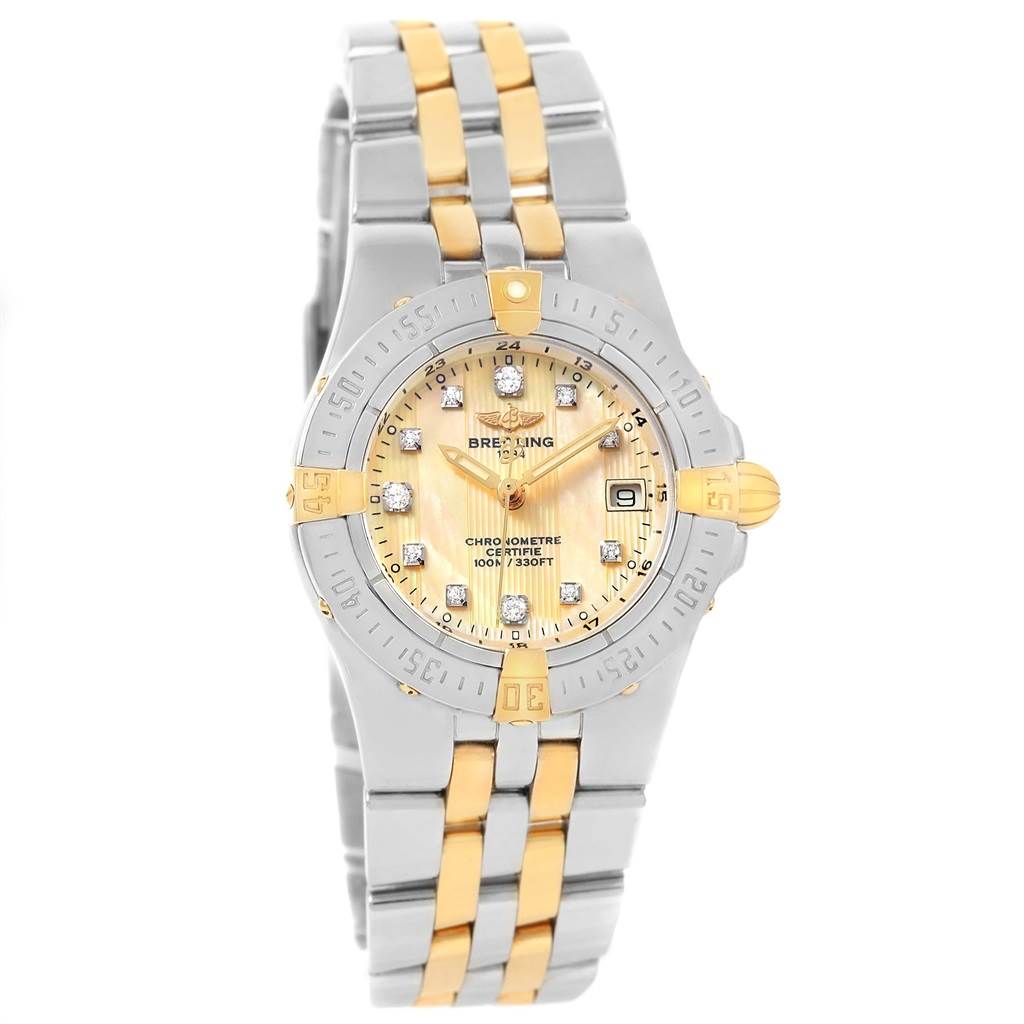 This image shows a front view of the Breitling B71340 Women's Steel and Gold (two tone) Mother of Pearl Dial B71340 Women's Steel and Gold (two tone) Mother of Pearl Dial Starliner Steel Gold Yellow MOP Diamond Ladies Watch B71340, highlighting its bracelet, bezel, and dial.