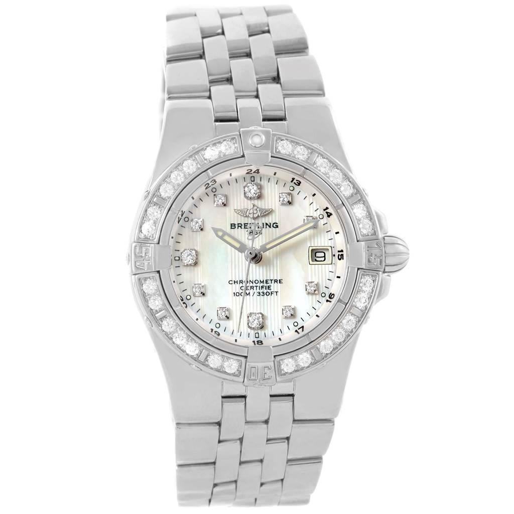 The Breitling A71340 Women's Stainless Steel Mother of Pearl Dial A71340 Women's Stainless Steel Mother of Pearl Dial Starliner Mother of Pearl Diamond Ladies Watch A71340 is shown from a front angle, displaying the face and band.