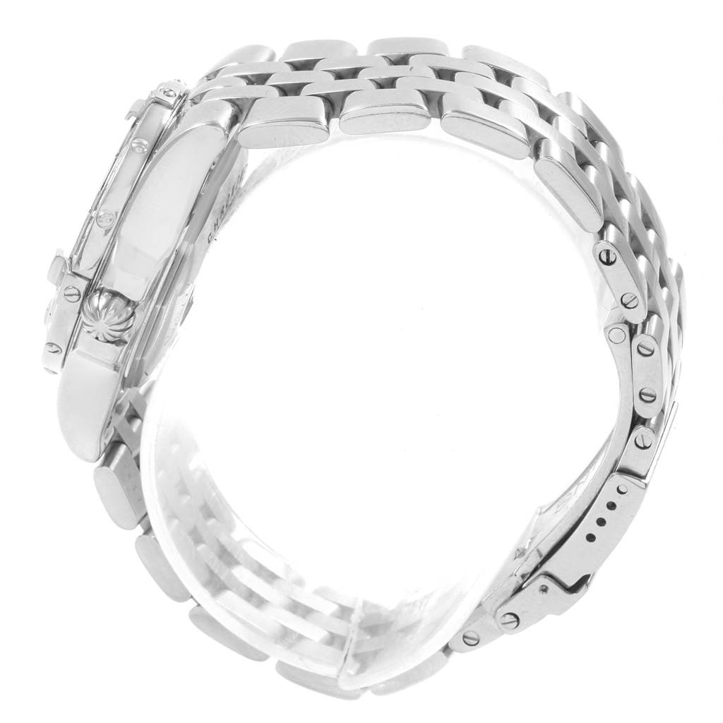 Side angle view of the Breitling A71340 Women's Stainless Steel Mother of Pearl Dial A71340 Women's Stainless Steel Mother of Pearl Dial Starliner Mother of Pearl Diamond Ladies Watch A71340 showing the bracelet and clasp.