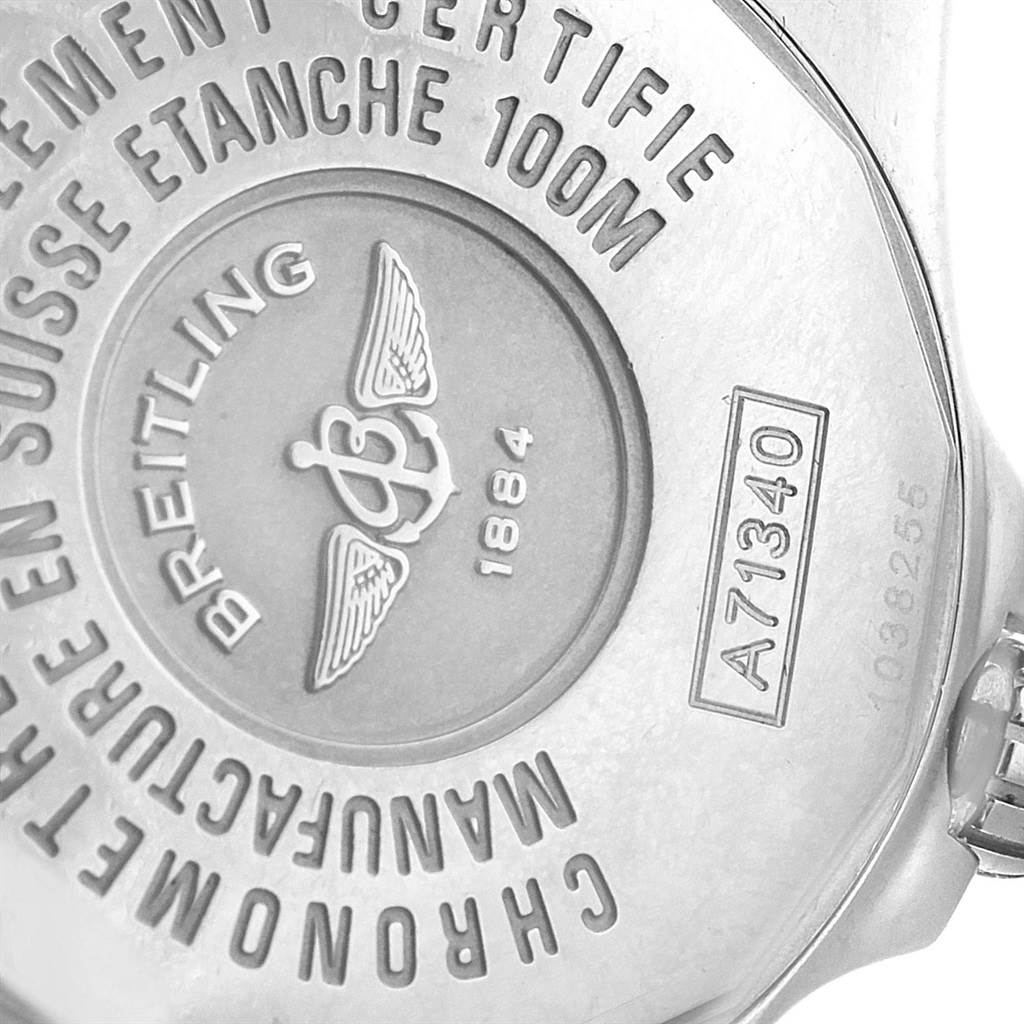 The image shows the back of the Breitling A71340 Women's Stainless Steel Mother of Pearl Dial A71340 Women's Stainless Steel Mother of Pearl Dial Starliner Mother of Pearl Diamond Ladies Watch A71340 model, highlighting the branding and serial number.