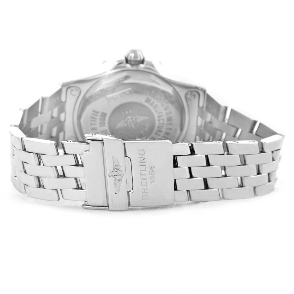 The image shows the back and clasp of the Breitling A71340 Women's Stainless Steel Mother of Pearl Dial A71340 Women's Stainless Steel Mother of Pearl Dial Starliner Mother of Pearl Diamond Ladies Watch A71340.