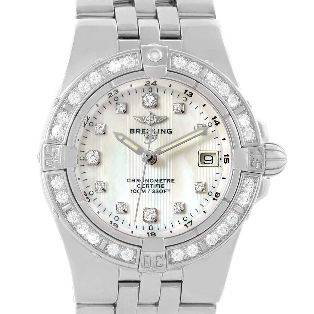 This image shows a front view of the Breitling A71340 Women's Stainless Steel Mother of Pearl Dial A71340 Women's Stainless Steel Mother of Pearl Dial Starliner Mother of Pearl Diamond Ladies Watch A71340, highlighting the dial and bezel.