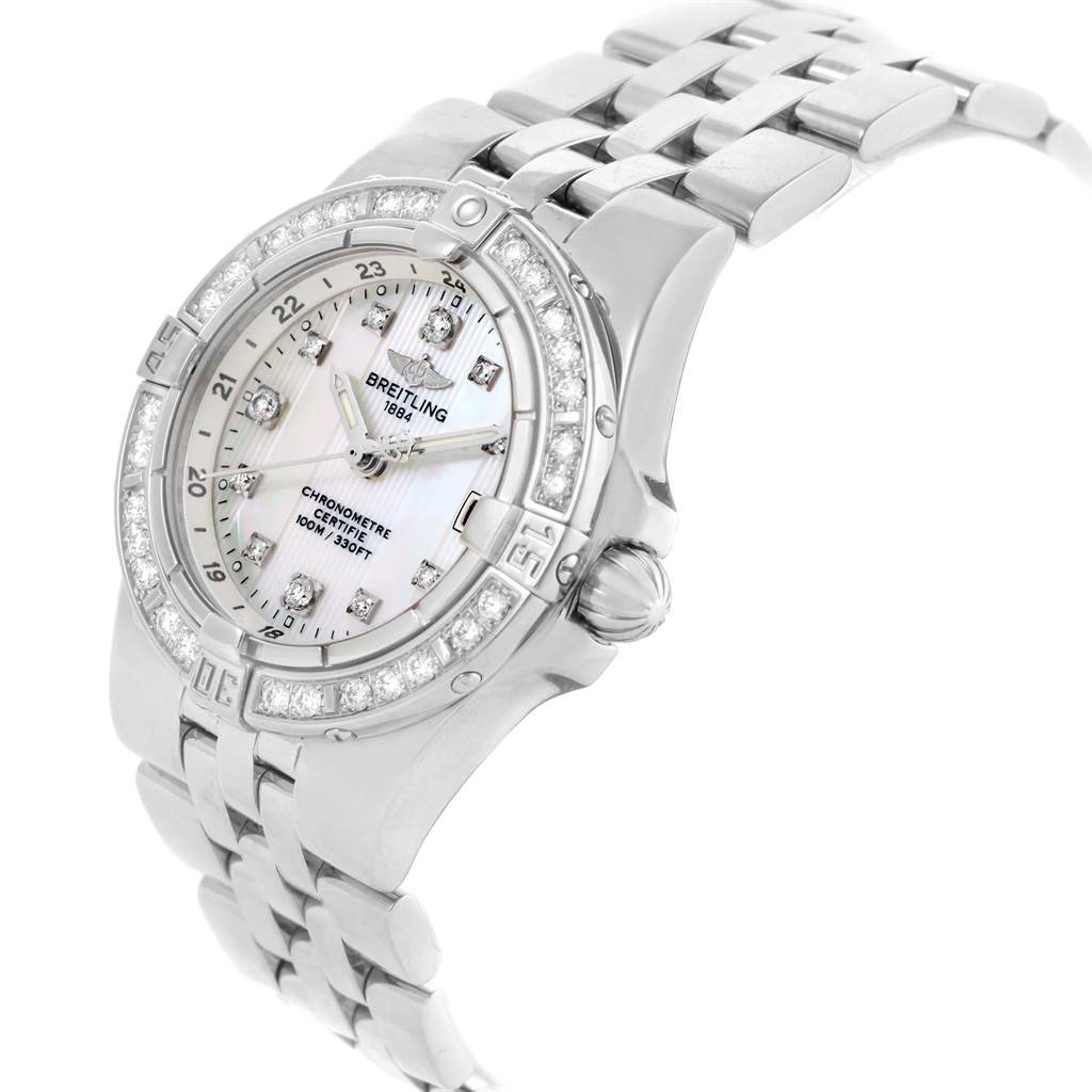 The image shows a Breitling A71340 Women's Stainless Steel Mother of Pearl Dial A71340 Women's Stainless Steel Mother of Pearl Dial Starliner A71340 Mother of Pearl Diamond Ladies Watch angled from the front with the face and part of the band visible.