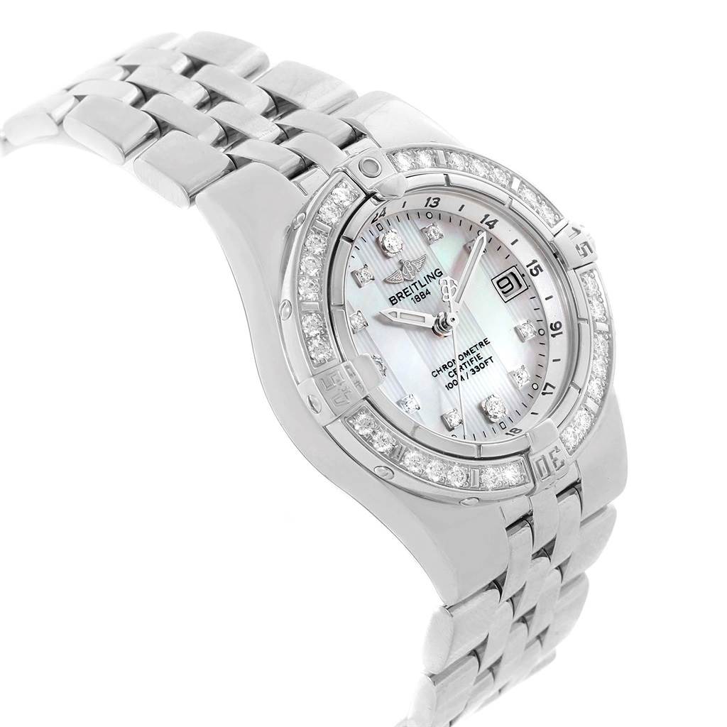 The image shows a Breitling A71340 Women's Stainless Steel Mother of Pearl Dial A71340 Women's Stainless Steel Mother of Pearl Dial Starliner Mother of Pearl Diamond Ladies Watch A71340, emphasizing the dial, bezel, and partial bracelet at an angle.