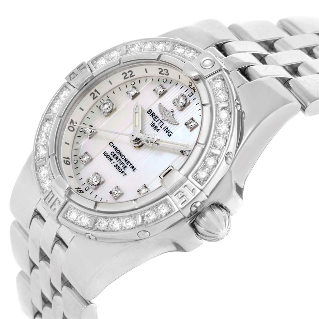 The image shows a Breitling A71340 Women's Stainless Steel Mother of Pearl Dial A71340 Women's Stainless Steel Mother of Pearl Dial Starliner Mother of Pearl Diamond Ladies Watch A71340 at an angled view, highlighting the face, bezel, and bracelet.