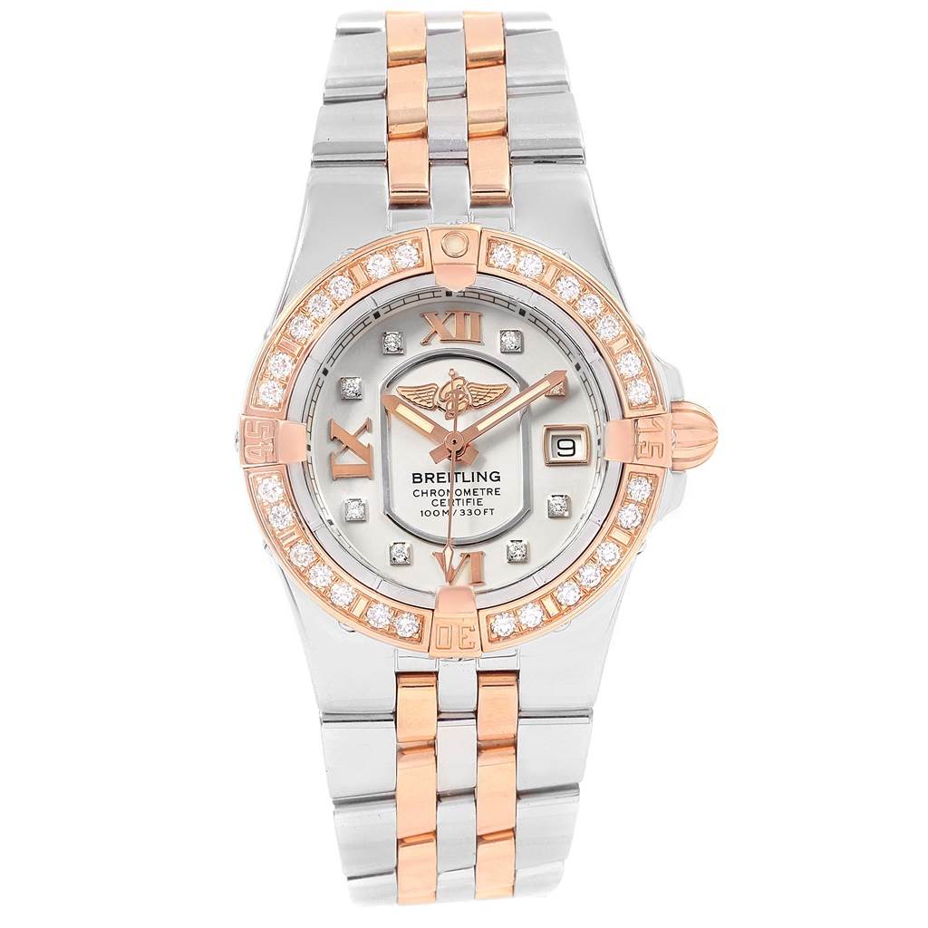 The Breitling C71340 Women's Steel and Gold (two tone) Silver Dial C71340 Women's Steel and Gold (two tone) Silver Dial Galactic 30 Steel Rose Gold Diamond Women's Watch C71340 is shown from a front angle, displaying the face, bezel, and bracelet.
