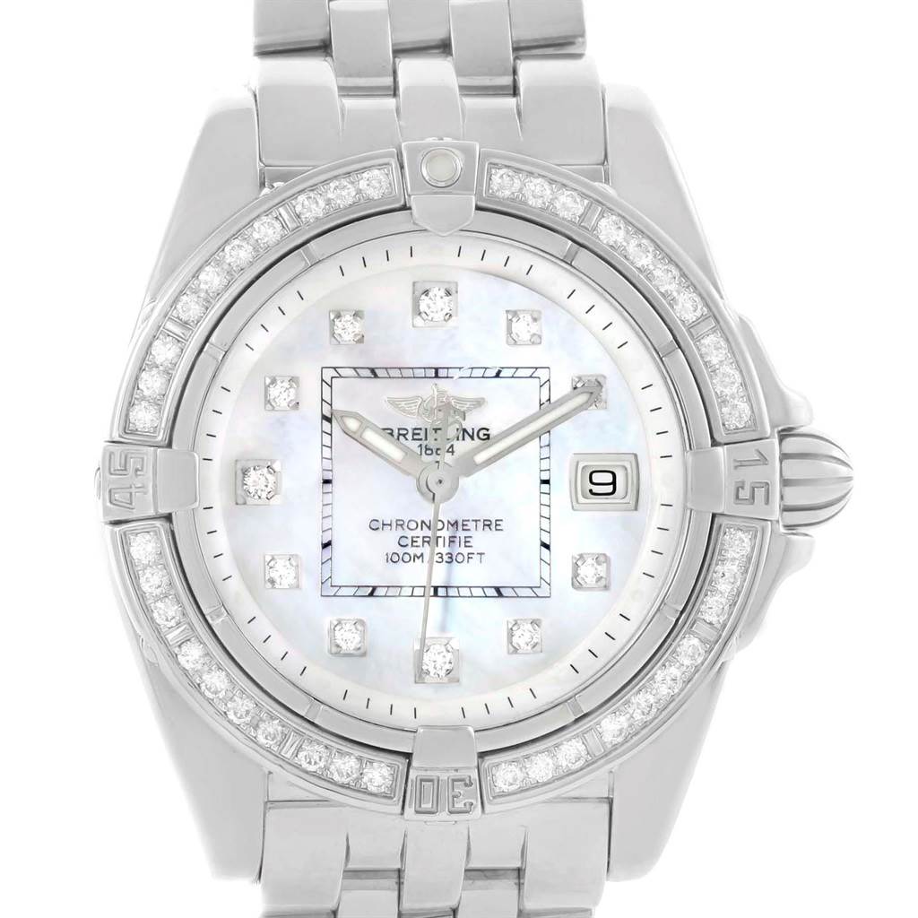 The image shows a front view of the Breitling A71356 Women's Stainless Steel Mother of Pearl Dial A71356 Women's Stainless Steel Mother of Pearl Dial Cockpit Mother Pearl Diamond Dial Bezel Ladies Watch A71356 model.