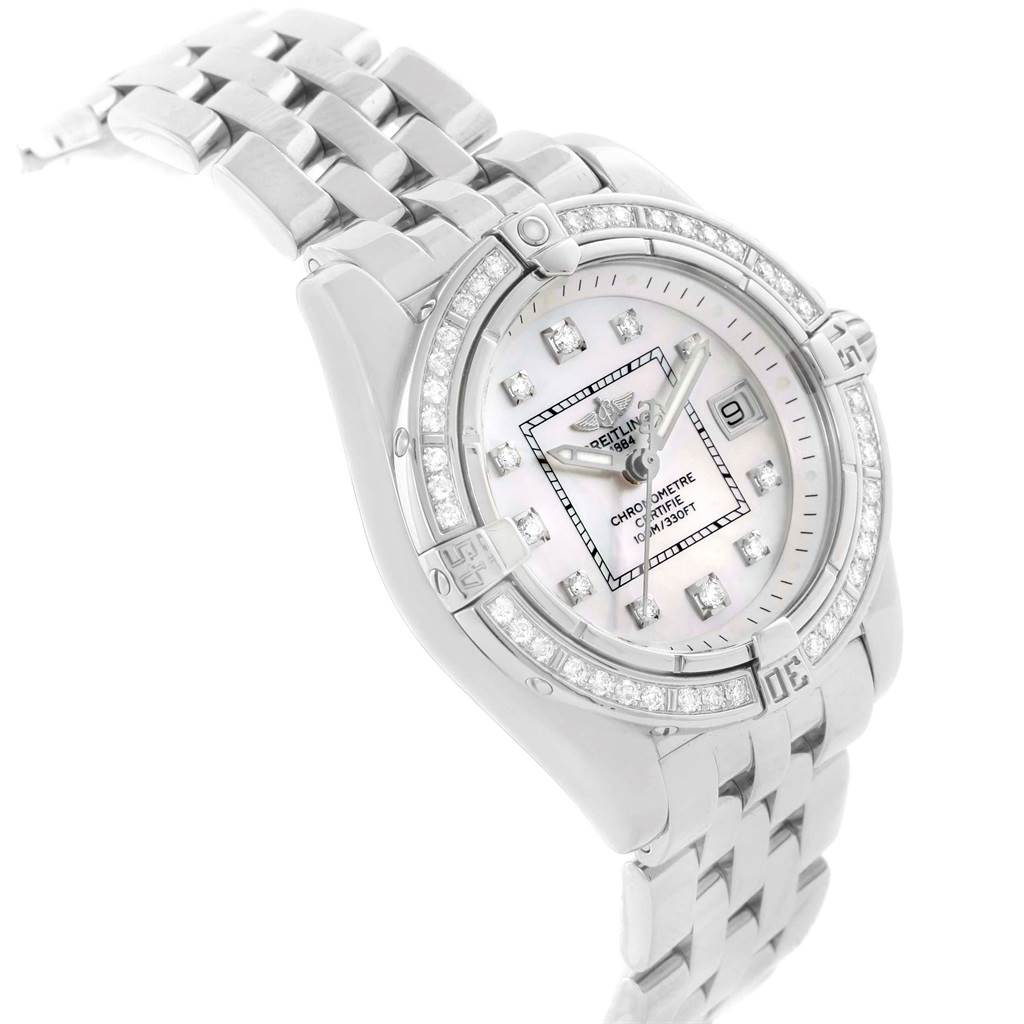 The image shows a Breitling A71356 Women's Stainless Steel Mother of Pearl Dial A71356 Women's Stainless Steel Mother of Pearl Dial Cockpit A71356 Ladies Watch at a slight angle, highlighting its diamond bezel and mother-of-pearl dial.