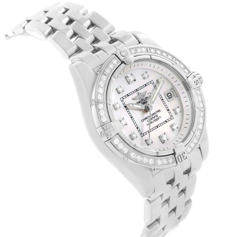 The image shows a Breitling Cockpit A71356 Ladies Watch at a slight angle, highlighting its diamond bezel and mother-of-pearl dial.