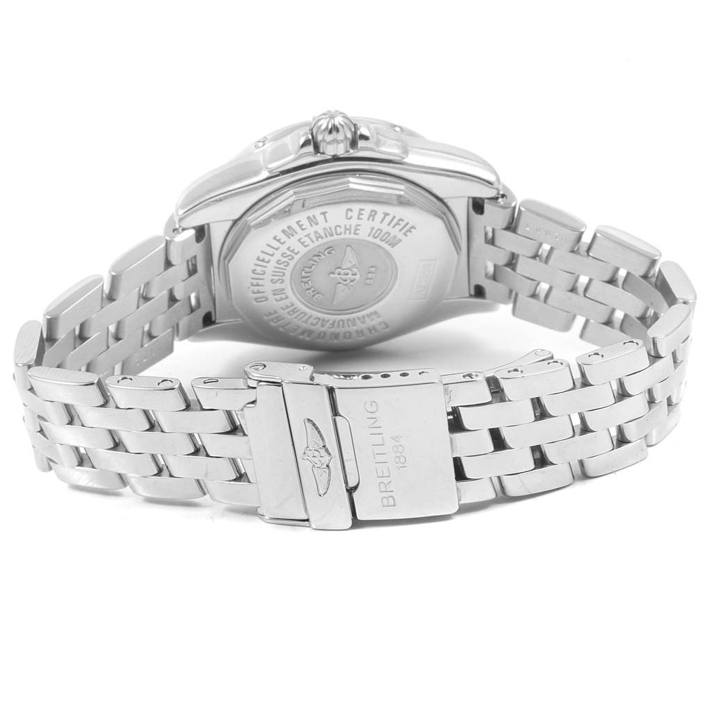 The image shows the back case and clasp of the Breitling A71356 Women's Stainless Steel Mother of Pearl Dial A71356 Women's Stainless Steel Mother of Pearl Dial Cockpit Mother Pearl Diamond Dial Bezel Ladies Watch A71356.