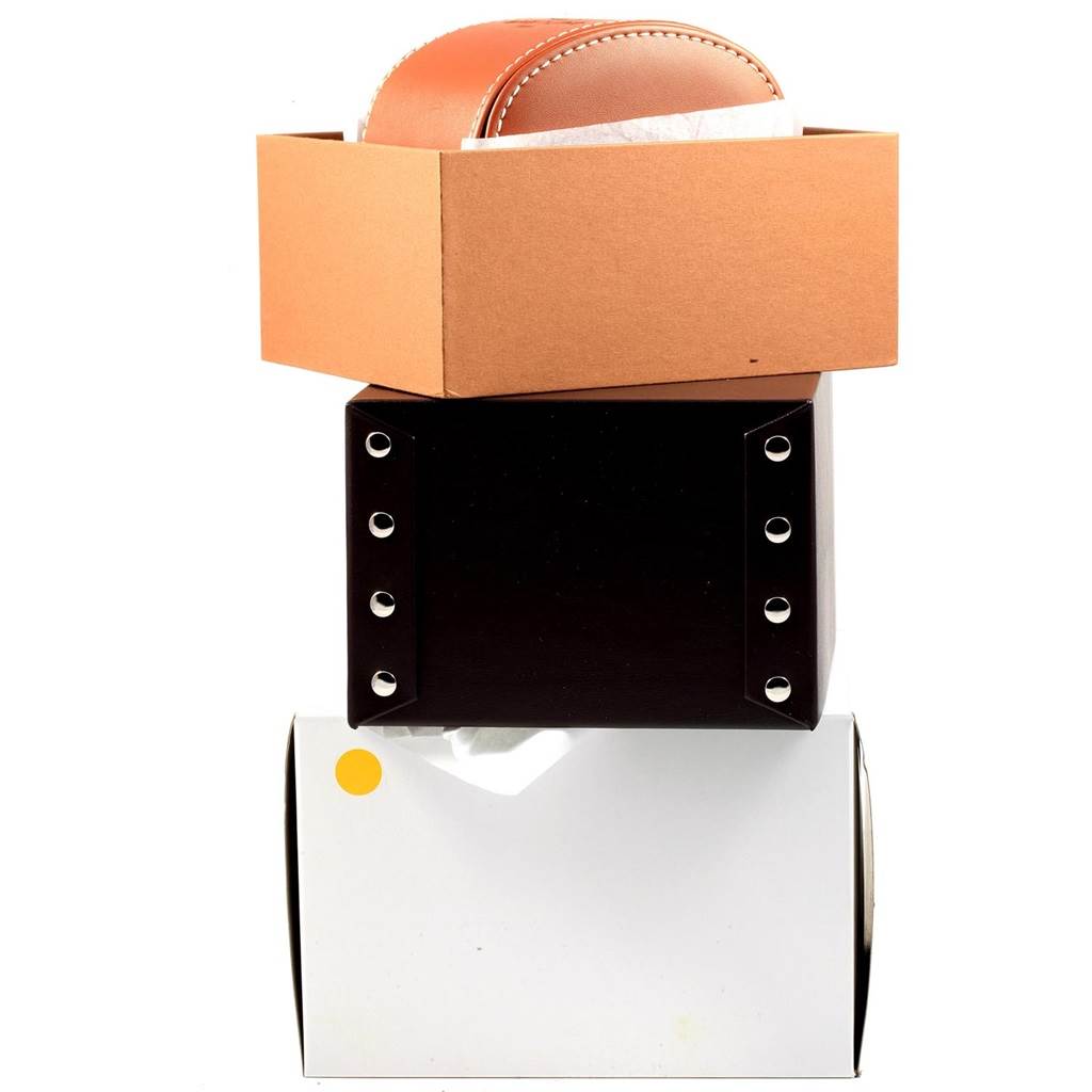 The image shows the packaging of the Breitling A71356 Women's Stainless Steel Mother of Pearl Dial A71356 Women's Stainless Steel Mother of Pearl Dial Cockpit Mother Pearl Diamond Dial Bezel Ladies Watch A71356, including leather and cardboard boxes.