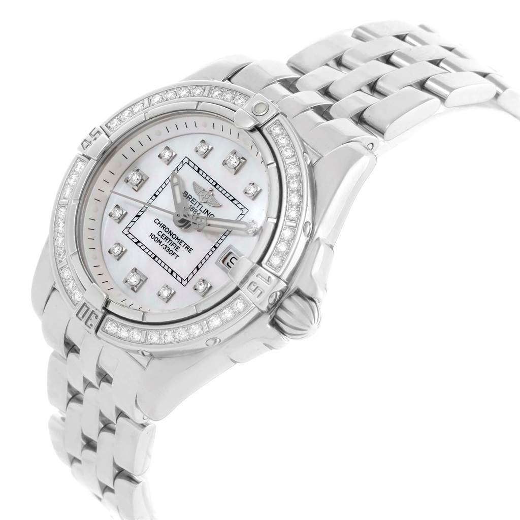 This image shows a three-quarter view of the Breitling A71356 Women's Stainless Steel Mother of Pearl Dial A71356 Women's Stainless Steel Mother of Pearl Dial Cockpit Mother Pearl Diamond Dial Bezel Ladies Watch A71356, highlighting its diamond-studded dial and bezel.