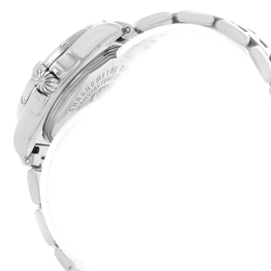 The image shows a side angle of the Breitling A71356 Women's Stainless Steel Mother of Pearl Dial A71356 Women's Stainless Steel Mother of Pearl Dial Cockpit Mother Pearl Diamond Dial Bezel Ladies Watch A71356, highlighting the crown and part of the bracelet.
