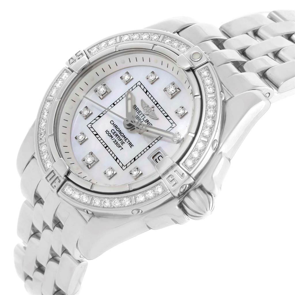 This image shows a Breitling A71356 Women's Stainless Steel Mother of Pearl Dial A71356 Women's Stainless Steel Mother of Pearl Dial A71356 Cockpit Mother Pearl Diamond Dial Bezel Ladies Watch at an angled view highlighting the dial and band.