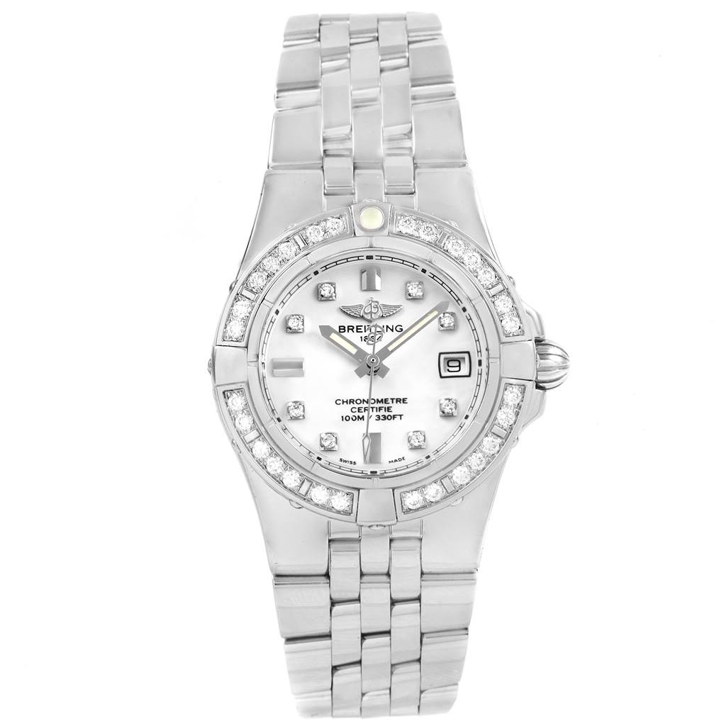 The Breitling A71340 Women's Stainless Steel White Dial A71340 Women's Stainless Steel White Dial Starliner Diamond Dial Bezel Steel Ladies Watch A71340 is shown from a top-down angle, highlighting its diamond-encrusted bezel and steel bracelet.