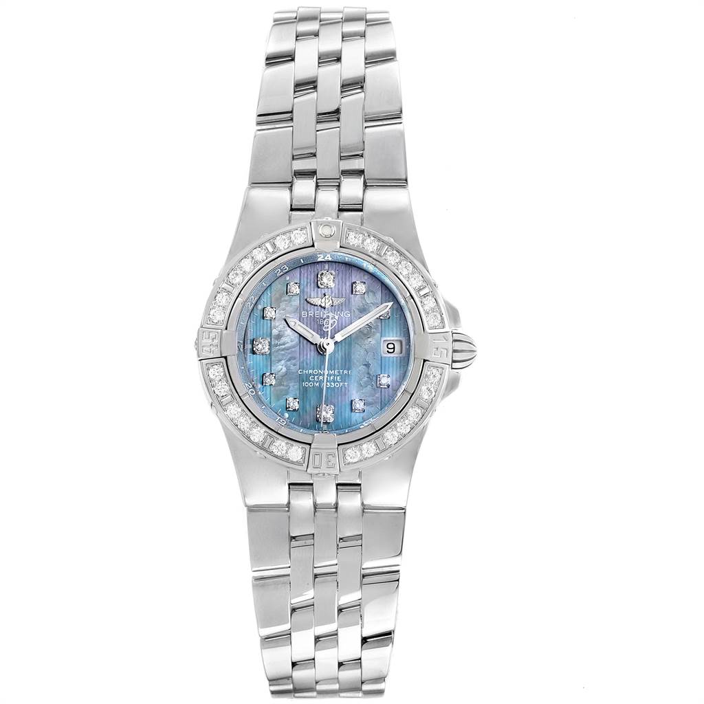 The image shows the front view of a Breitling A71340 Women's Stainless Steel Mother of Pearl Dial A71340 Women's Stainless Steel Mother of Pearl Dial Starliner Steel Mother of Pearl Diamond Ladies Watch A71340 model.