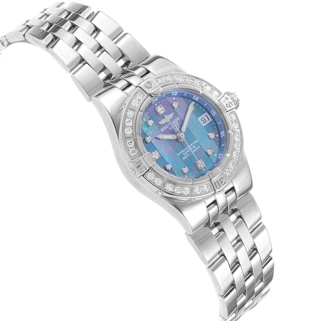 The image shows a Breitling A71340 Women's Stainless Steel Mother of Pearl Dial A71340 Women's Stainless Steel Mother of Pearl Dial Starliner Steel Mother of Pearl Diamond Ladies Watch A71340 at a slight angle, highlighting the face and bracelet.