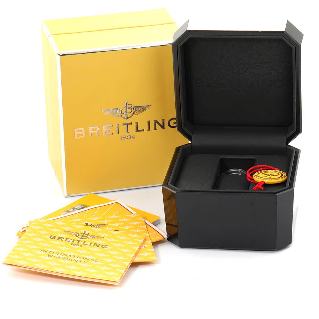The image shows the packaging, warranty booklet, and inside of the case for the Breitling B71340 Women's Steel and Gold (two tone) Mother of Pearl Dial B71340 Women's Steel and Gold (two tone) Mother of Pearl Dial Starliner Steel Yellow Gold MOP Diamond Ladies Watch B71340 model.
